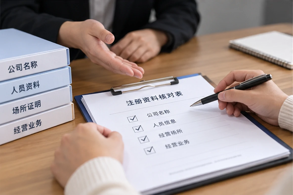 核对注册公司资料与办理事项的服务场景示意