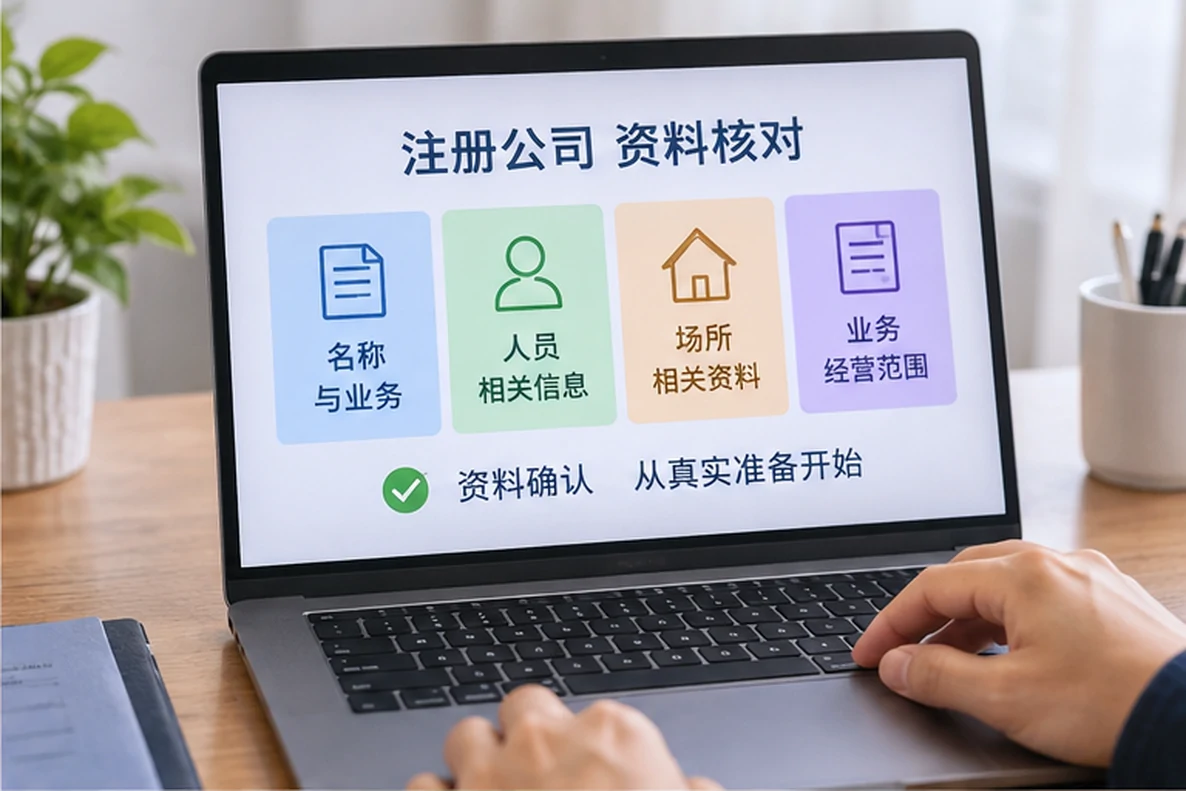 核对注册公司资料与办理事项的服务场景示意