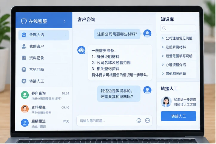 在线客服接待与咨询整理的服务场景示意