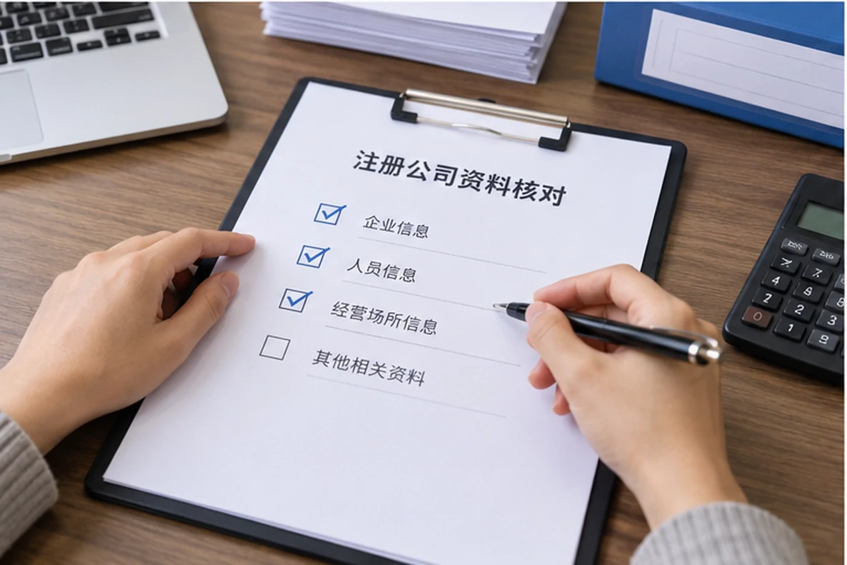 核对注册公司资料与办理事项的服务场景示意