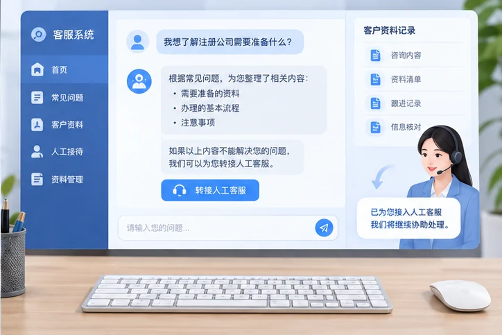 在线客服接待与咨询整理的服务场景示意