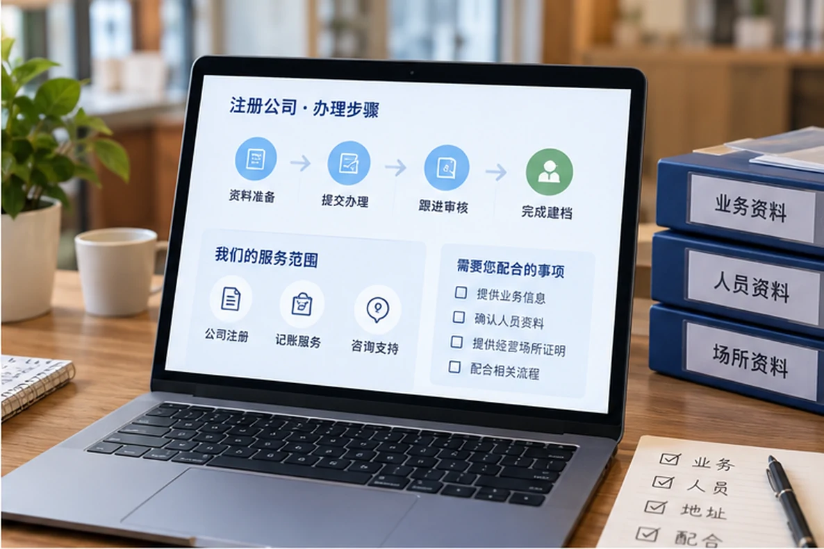 核对注册公司资料与办理事项的服务场景示意