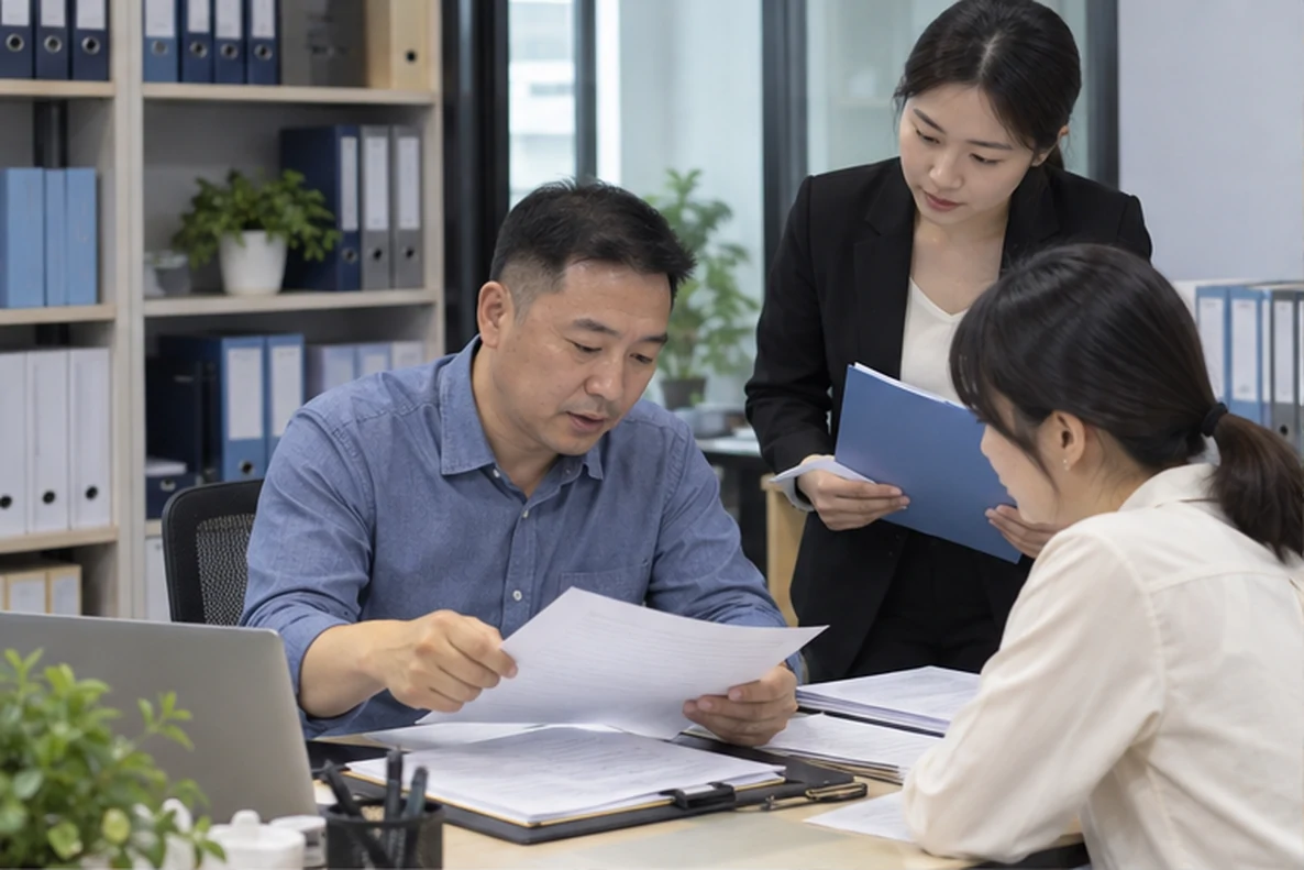 核对注册公司资料与办理事项的服务场景示意