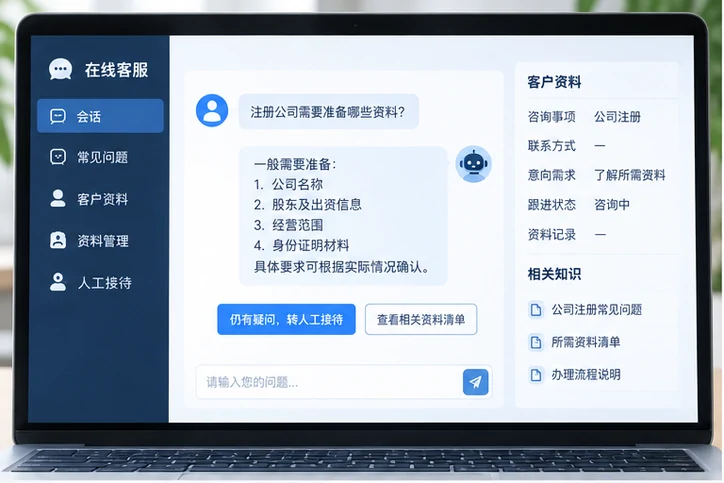 在线客服接待与咨询整理的服务场景示意