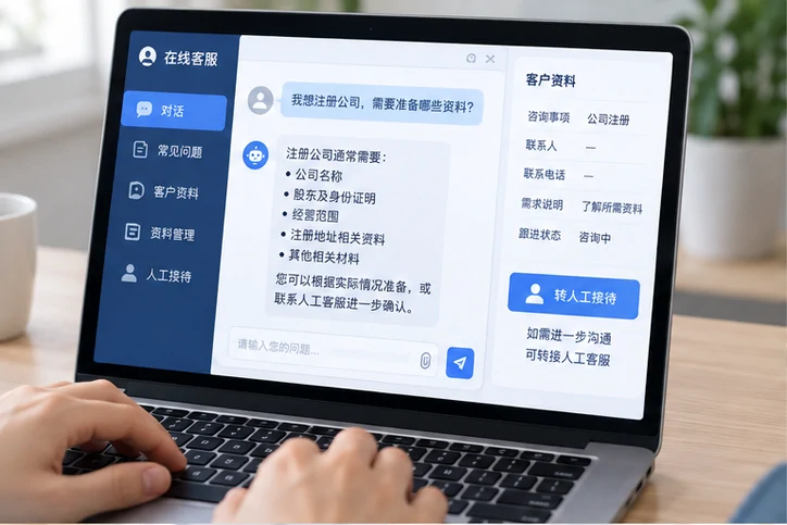 在线客服接待与咨询整理的服务场景示意