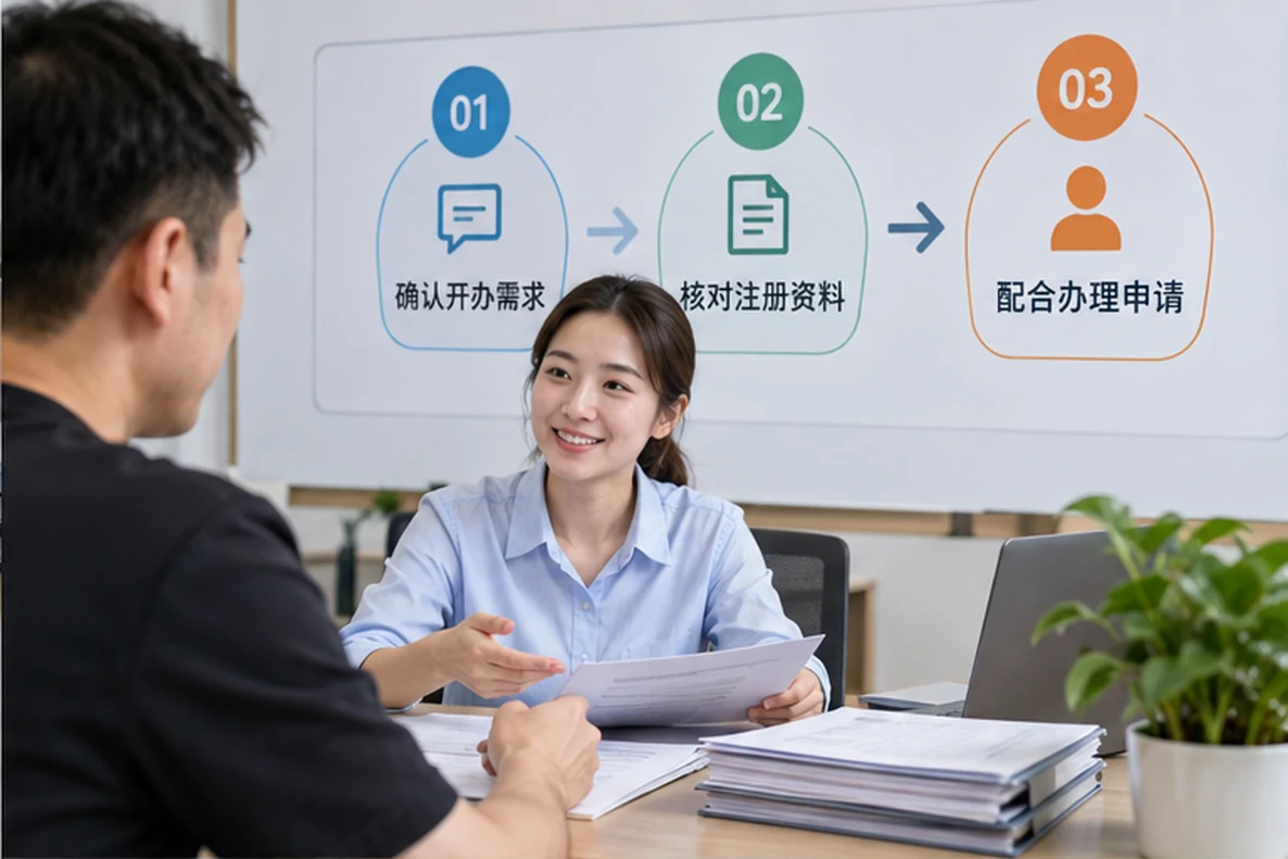 核对注册公司资料与办理事项的服务场景示意