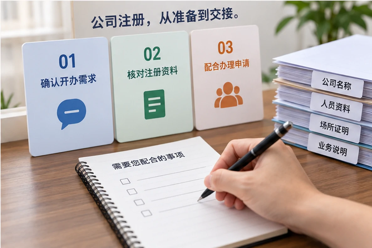 核对注册公司资料与办理事项的服务场景示意