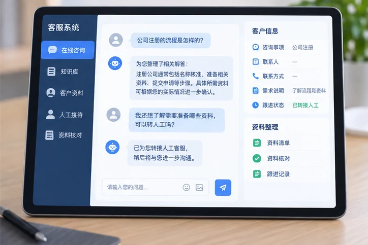 在线客服接待与咨询整理的服务场景示意