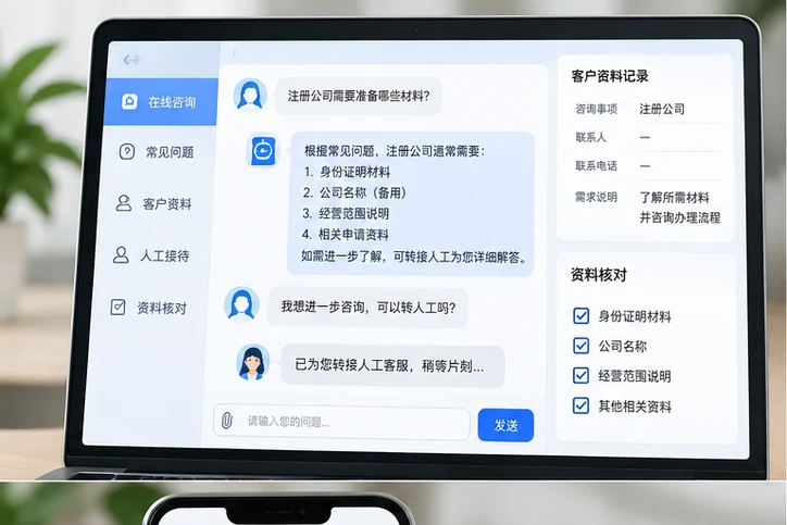 在线客服接待与咨询整理的服务场景示意