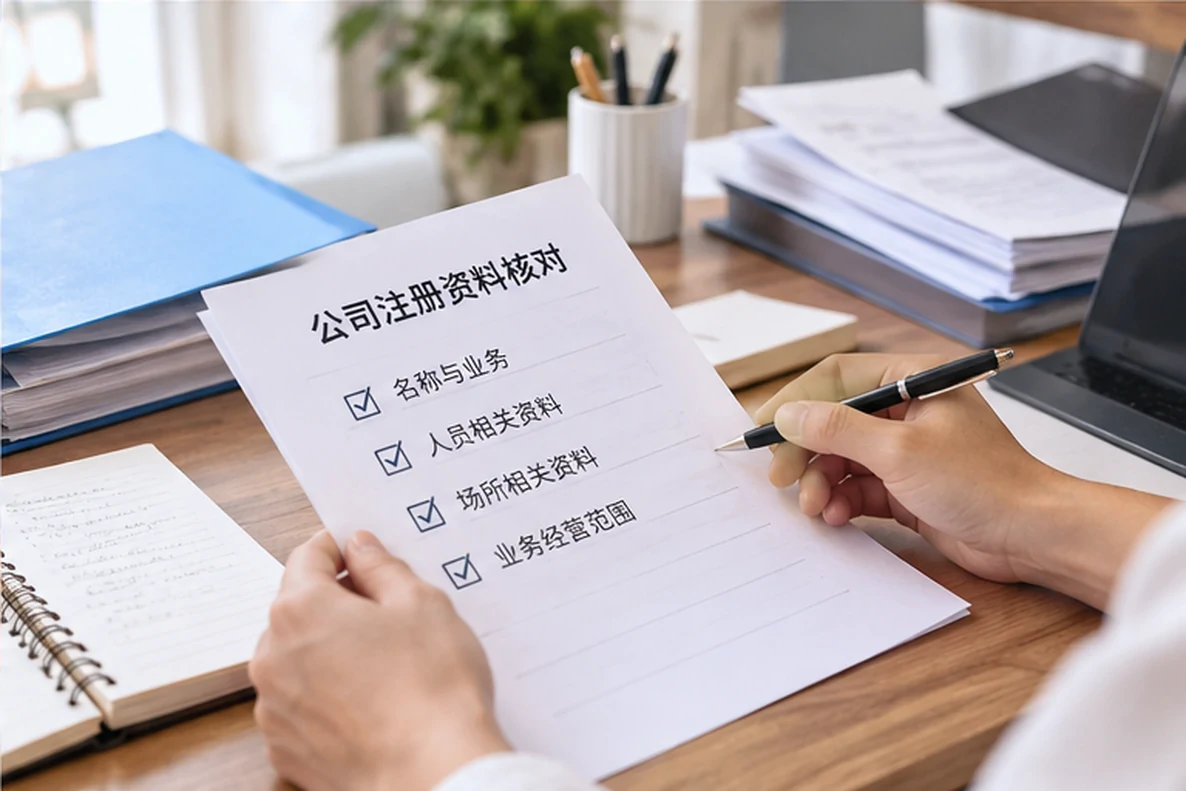 核对注册公司资料与办理事项的服务场景示意
