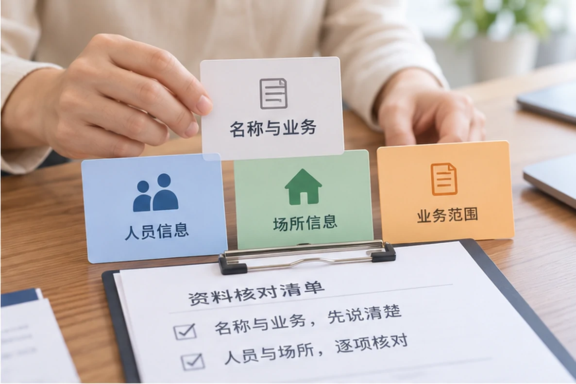 核对注册公司资料与办理事项的服务场景示意