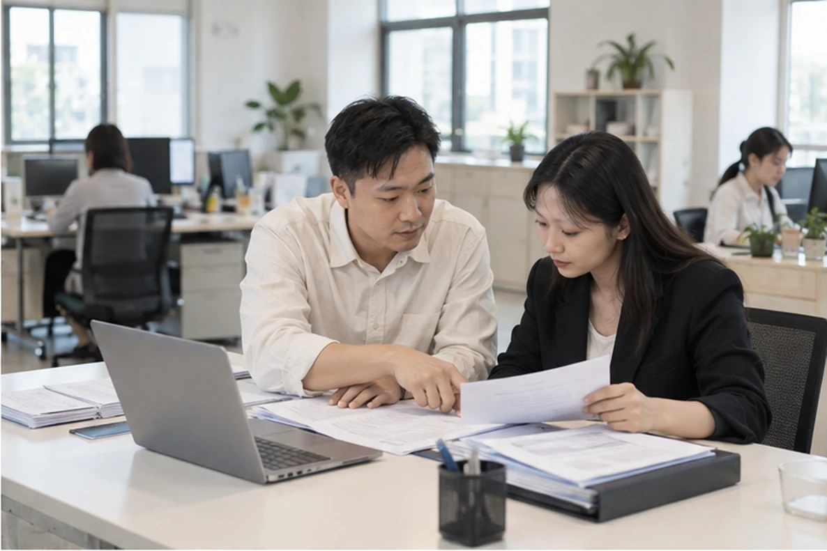 核对注册公司资料与办理事项的服务场景示意