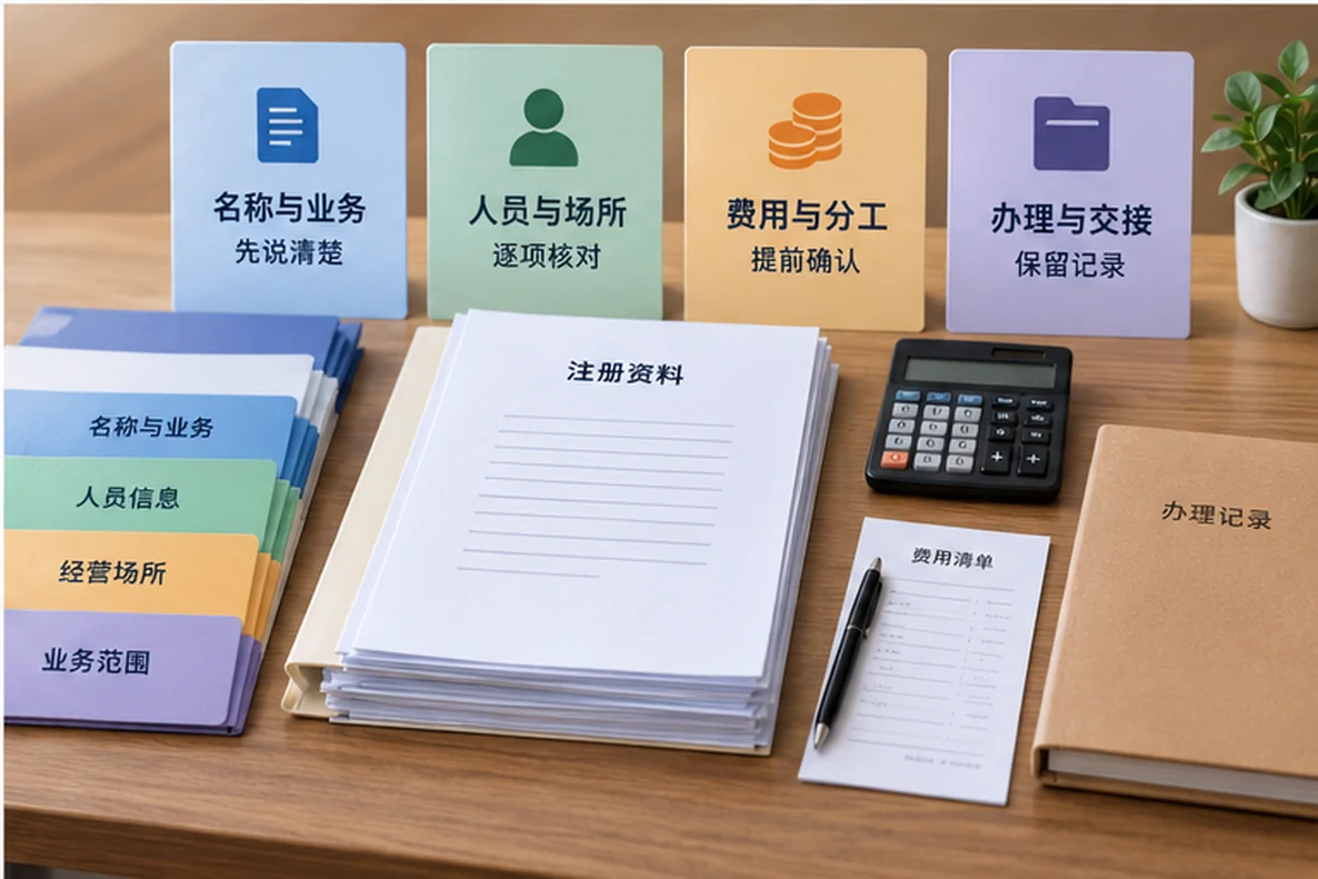 核对注册公司资料与办理事项的服务场景示意