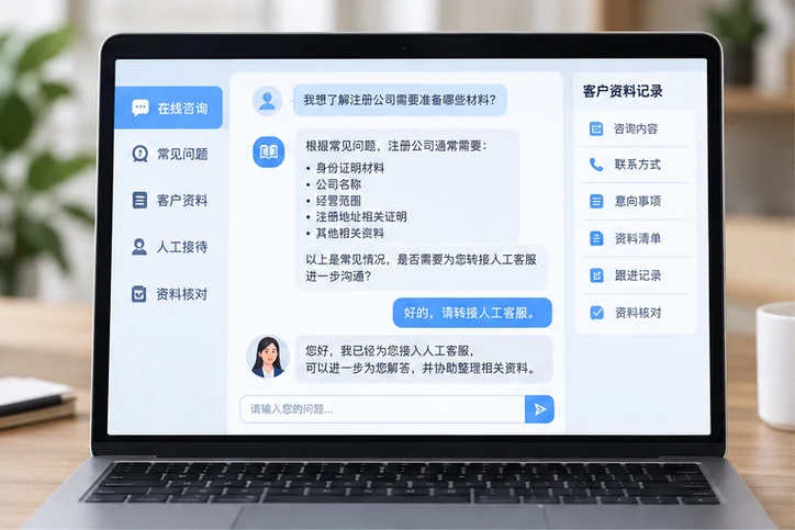 在线客服接待与咨询整理的服务场景示意
