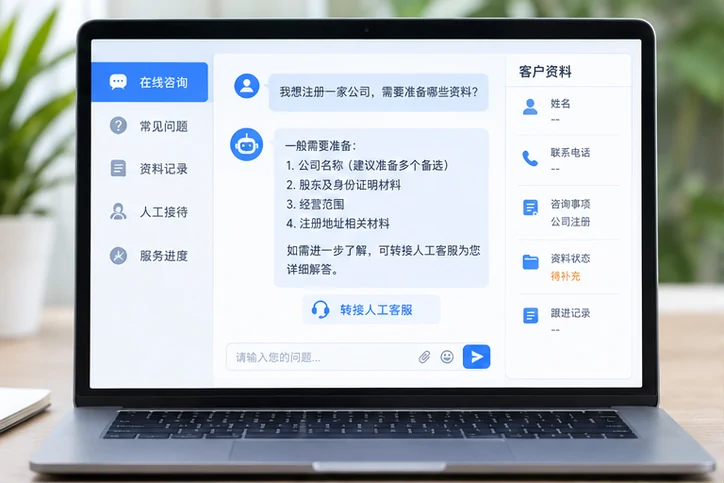 在线客服接待与咨询整理的服务场景示意