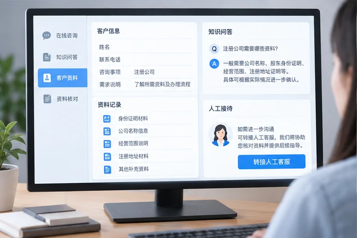 在线客服接待与咨询整理的服务场景示意