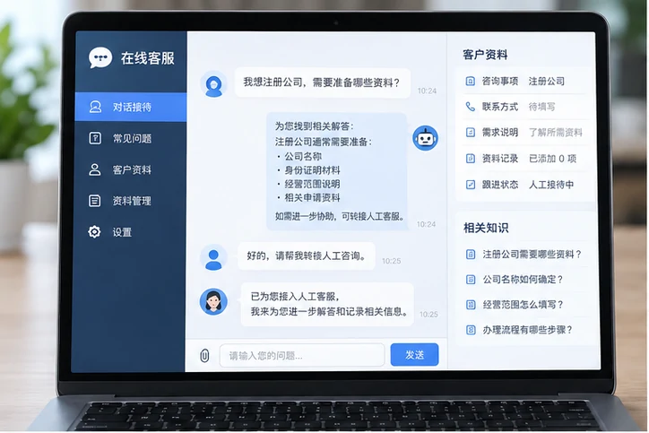 在线客服接待与咨询整理的服务场景示意