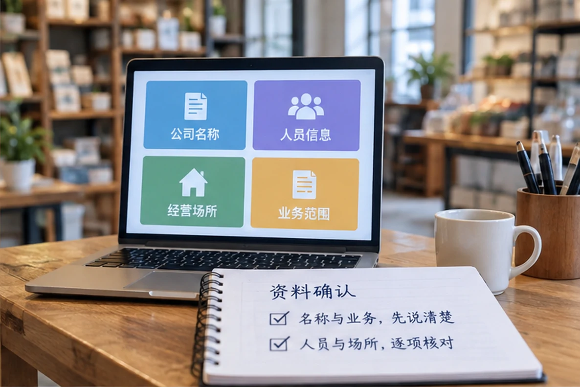 核对注册公司资料与办理事项的服务场景示意