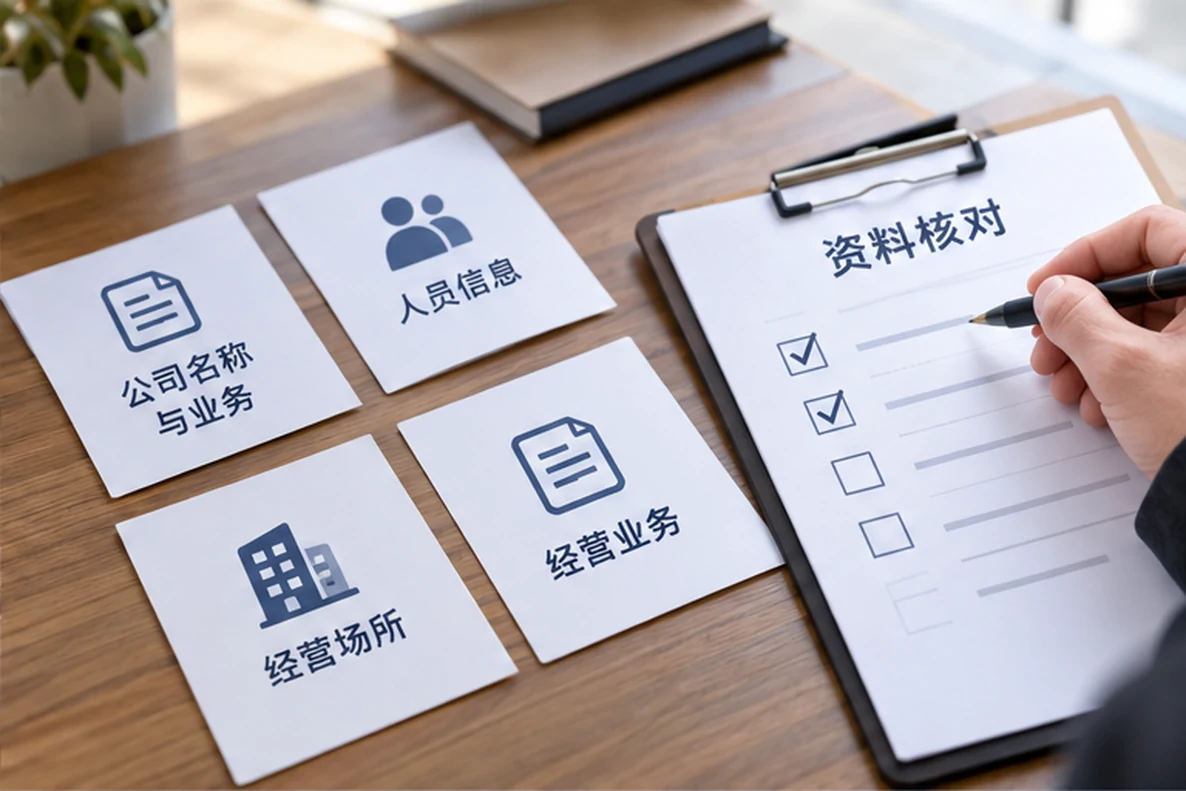 核对注册公司资料与办理事项的服务场景示意