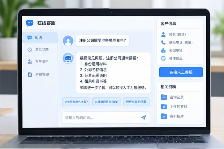在线客服接待与咨询整理的服务场景示意