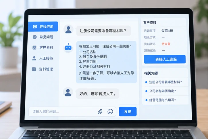 在线客服接待与咨询整理的服务场景示意