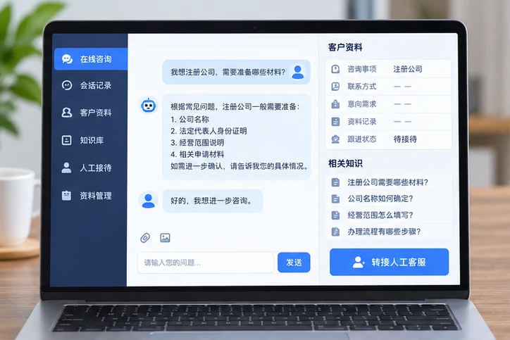 在线客服接待与咨询整理的服务场景示意