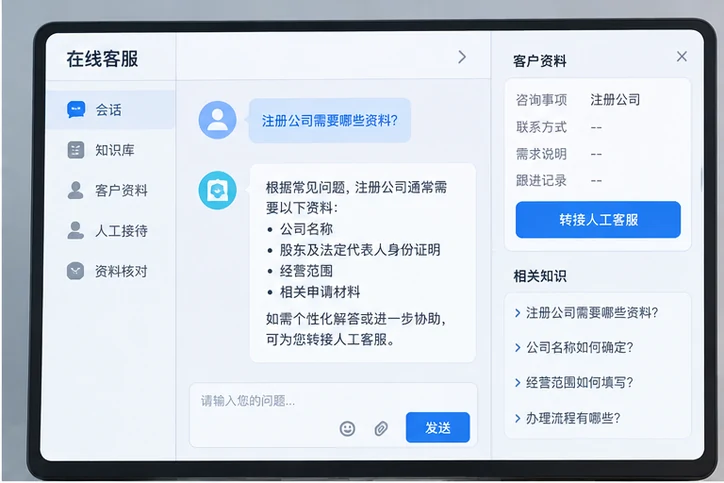 在线客服接待与咨询整理的服务场景示意
