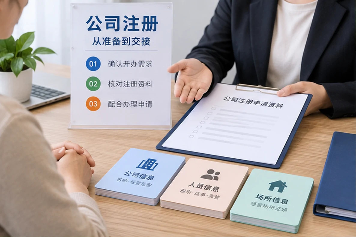 核对注册公司资料与办理事项的服务场景示意