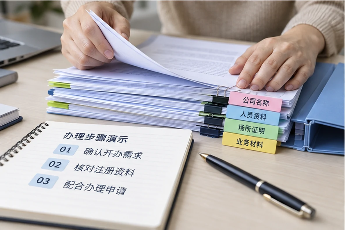 核对注册公司资料与办理事项的服务场景示意