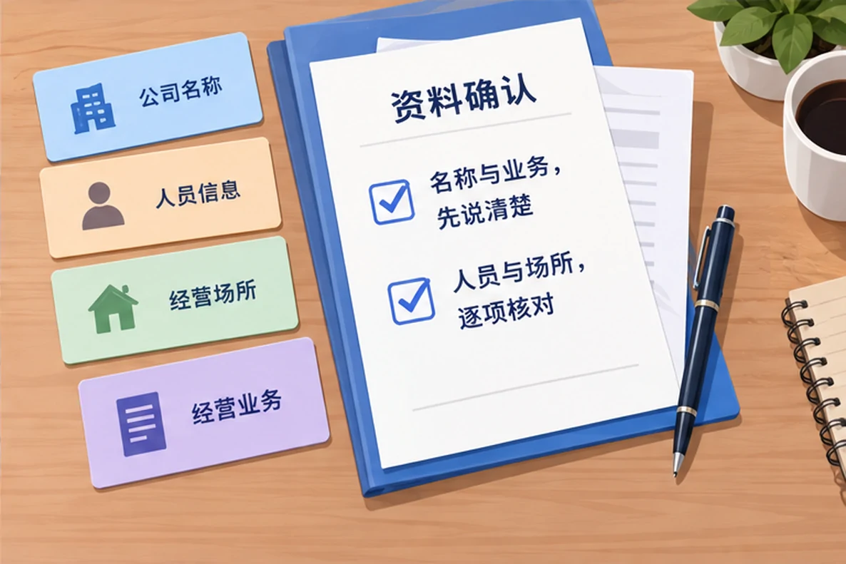 核对注册公司资料与办理事项的服务场景示意