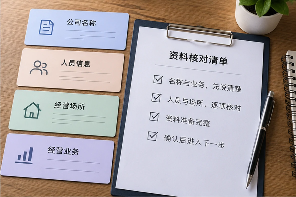 核对注册公司资料与办理事项的服务场景示意