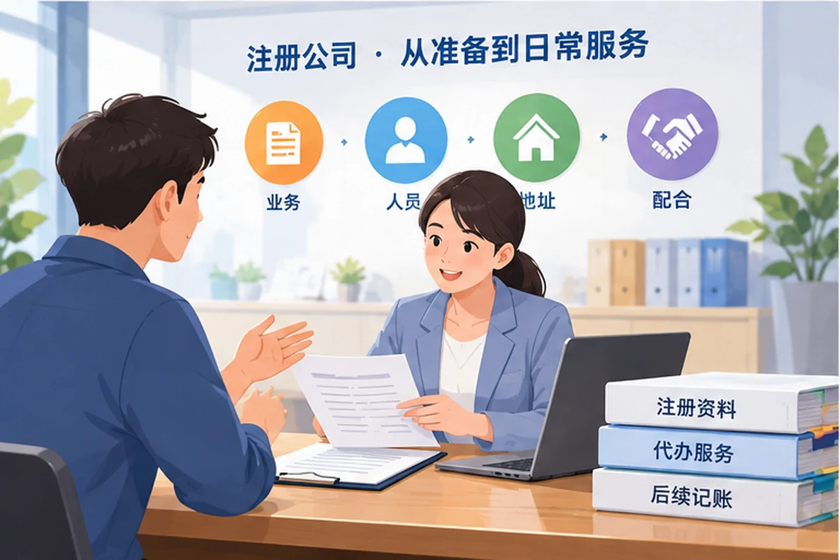 核对注册公司资料与办理事项的服务场景示意