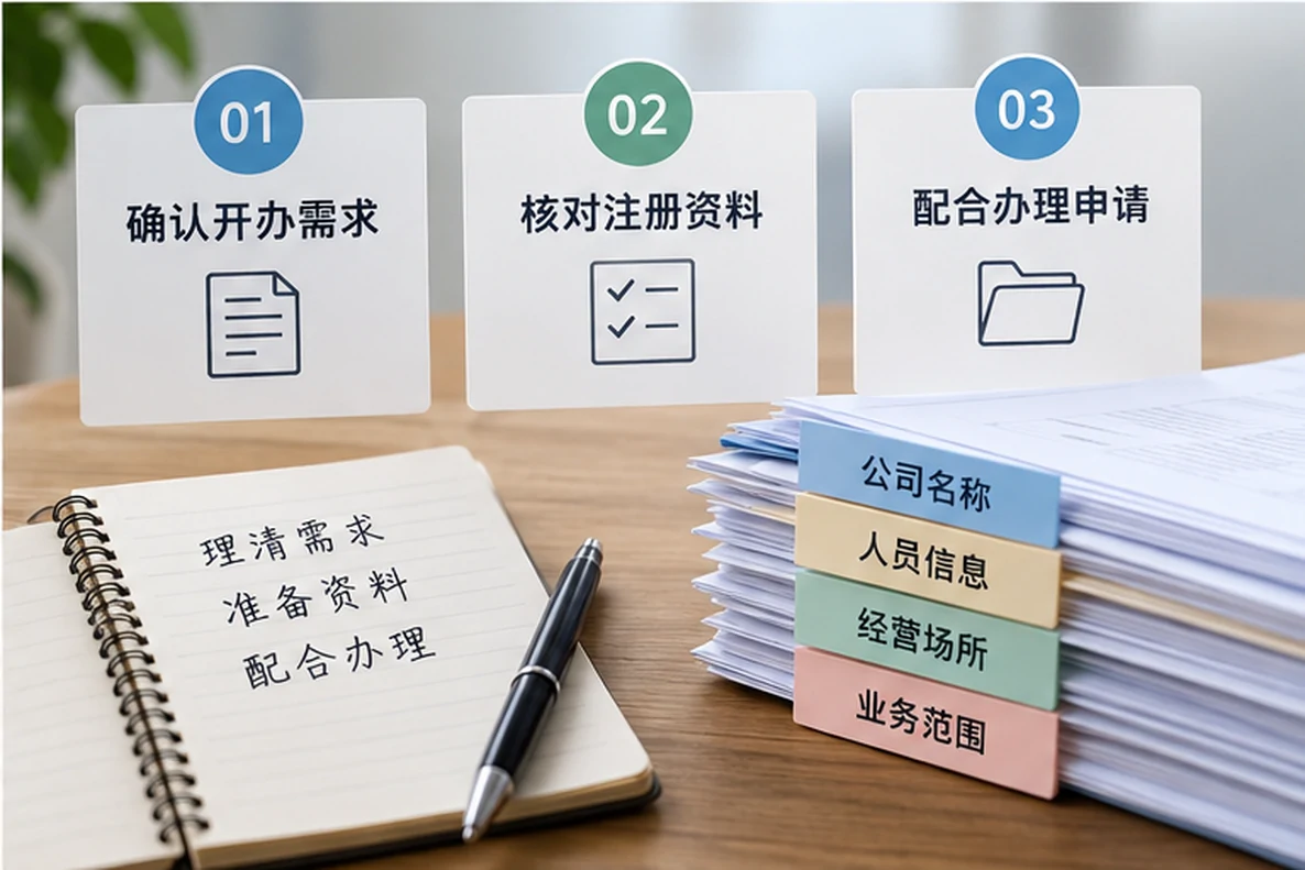 核对注册公司资料与办理事项的服务场景示意