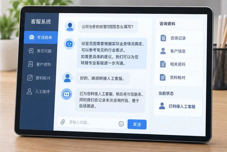 在线客服接待与咨询整理的服务场景示意