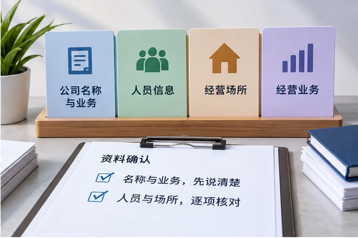 核对注册公司资料与办理事项的服务场景示意