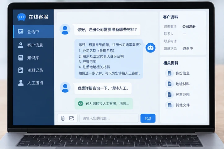 在线客服接待与咨询整理的服务场景示意