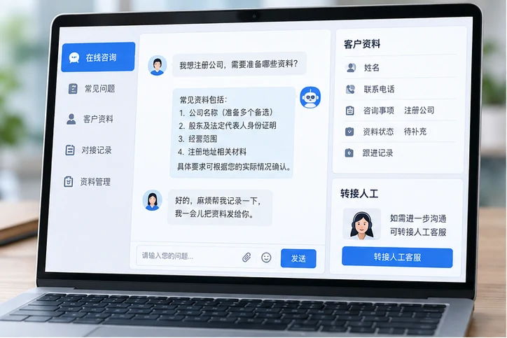 在线客服接待与咨询整理的服务场景示意