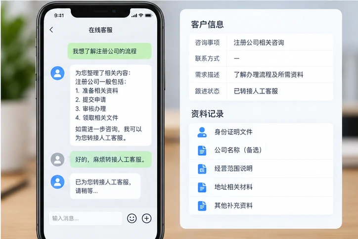 在线客服接待与咨询整理的服务场景示意