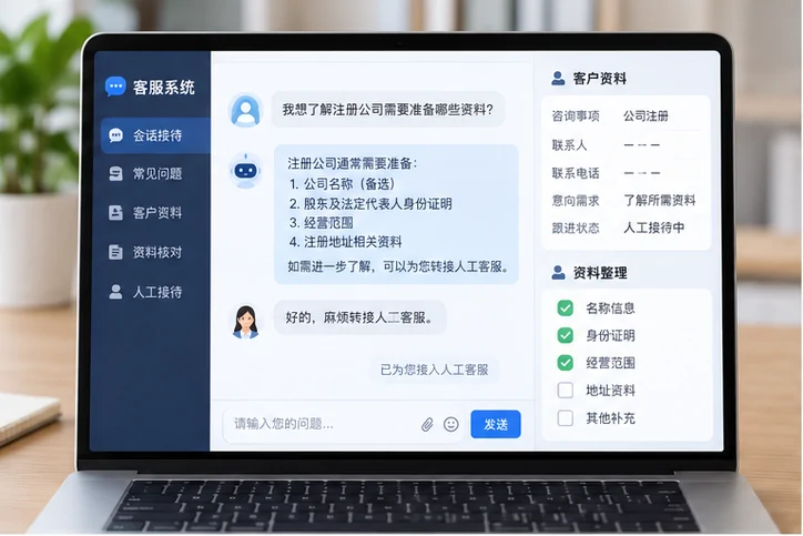 在线客服接待与咨询整理的服务场景示意