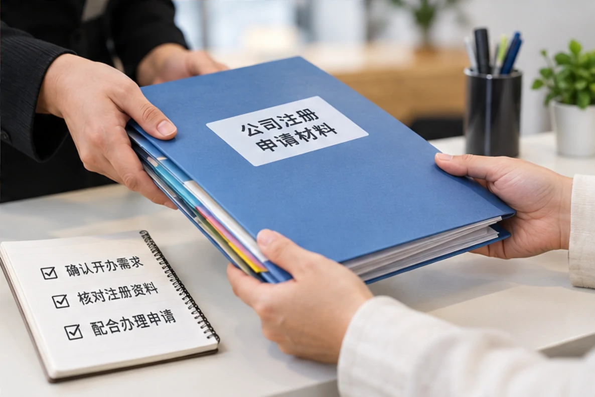 核对注册公司资料与办理事项的服务场景示意