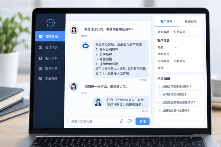 在线客服接待与咨询整理的服务场景示意