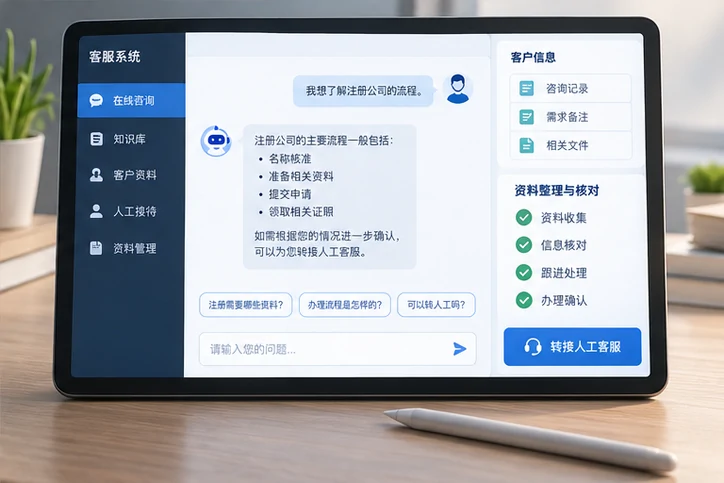 在线客服接待与咨询整理的服务场景示意
