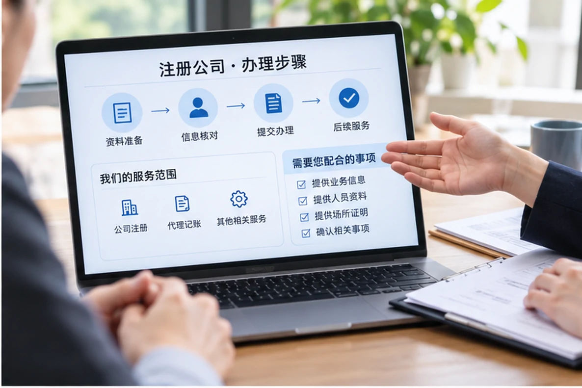 核对注册公司资料与办理事项的服务场景示意