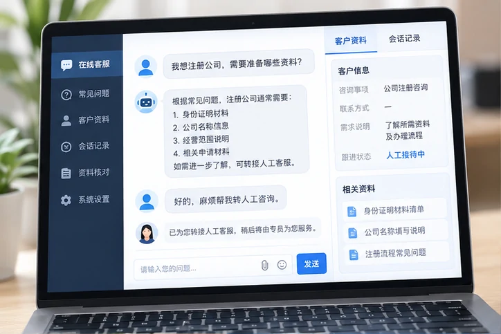 在线客服接待与咨询整理的服务场景示意