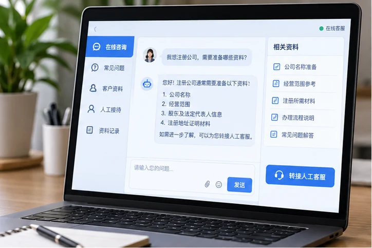 在线客服接待与咨询整理的服务场景示意