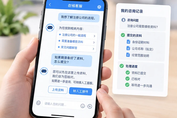 在线客服接待与咨询整理的服务场景示意