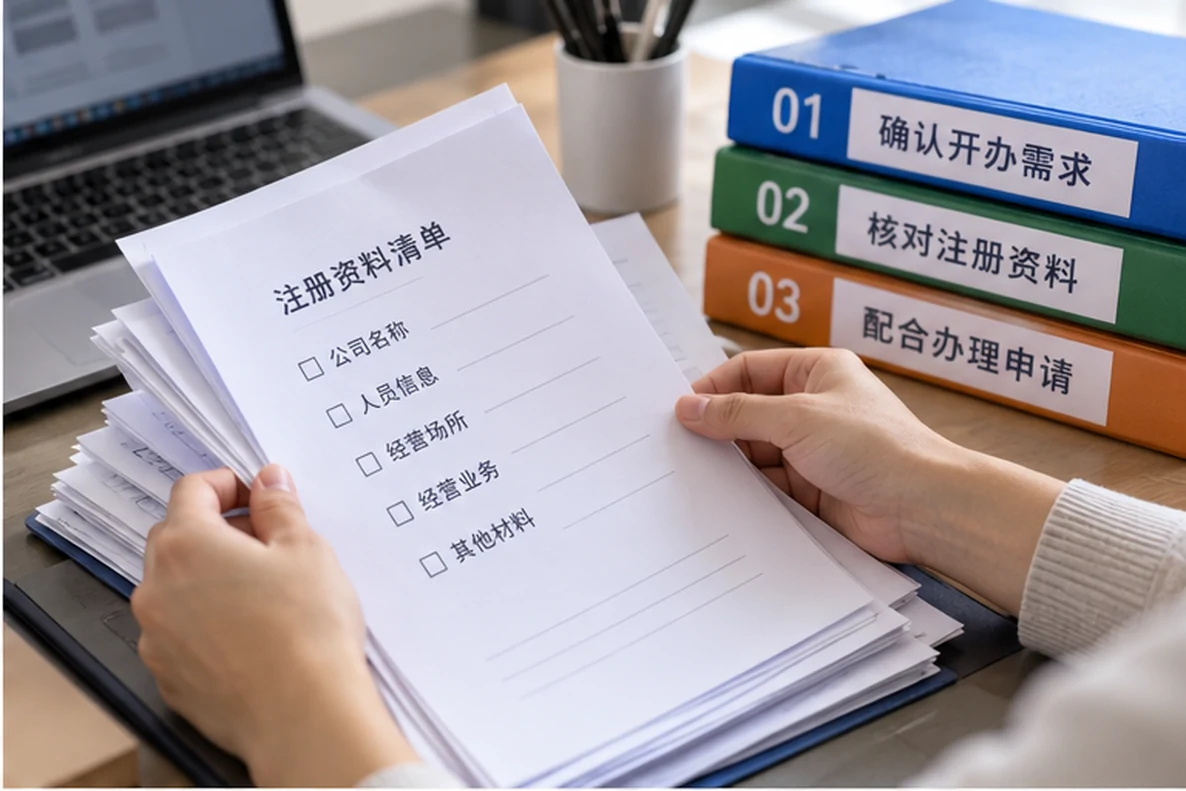 核对注册公司资料与办理事项的服务场景示意
