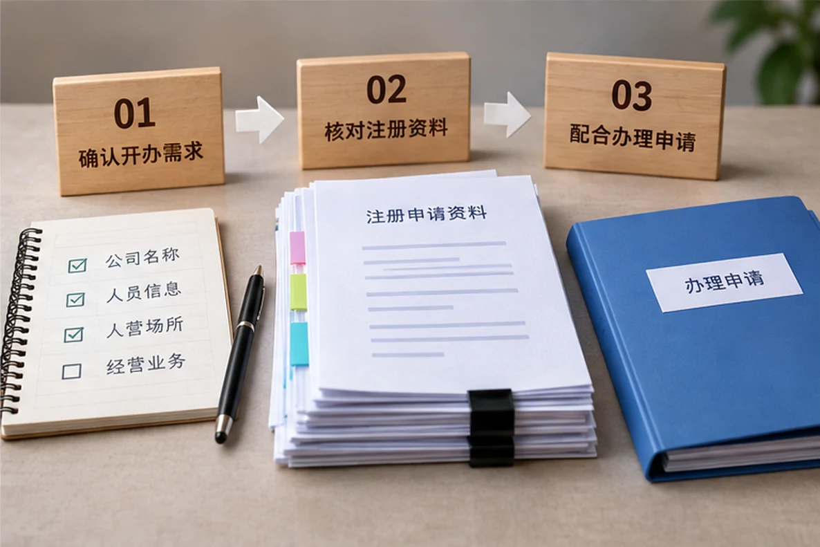 核对注册公司资料与办理事项的服务场景示意