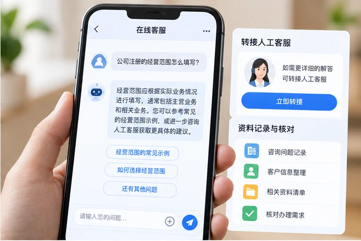 在线客服接待与咨询整理的服务场景示意