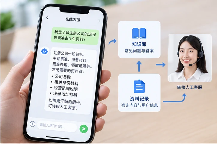在线客服接待与咨询整理的服务场景示意